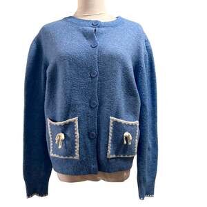 Threaded Leaf Blue Cardigan Sweater XL Cottagecore Bow Pockets Coquette Ballet